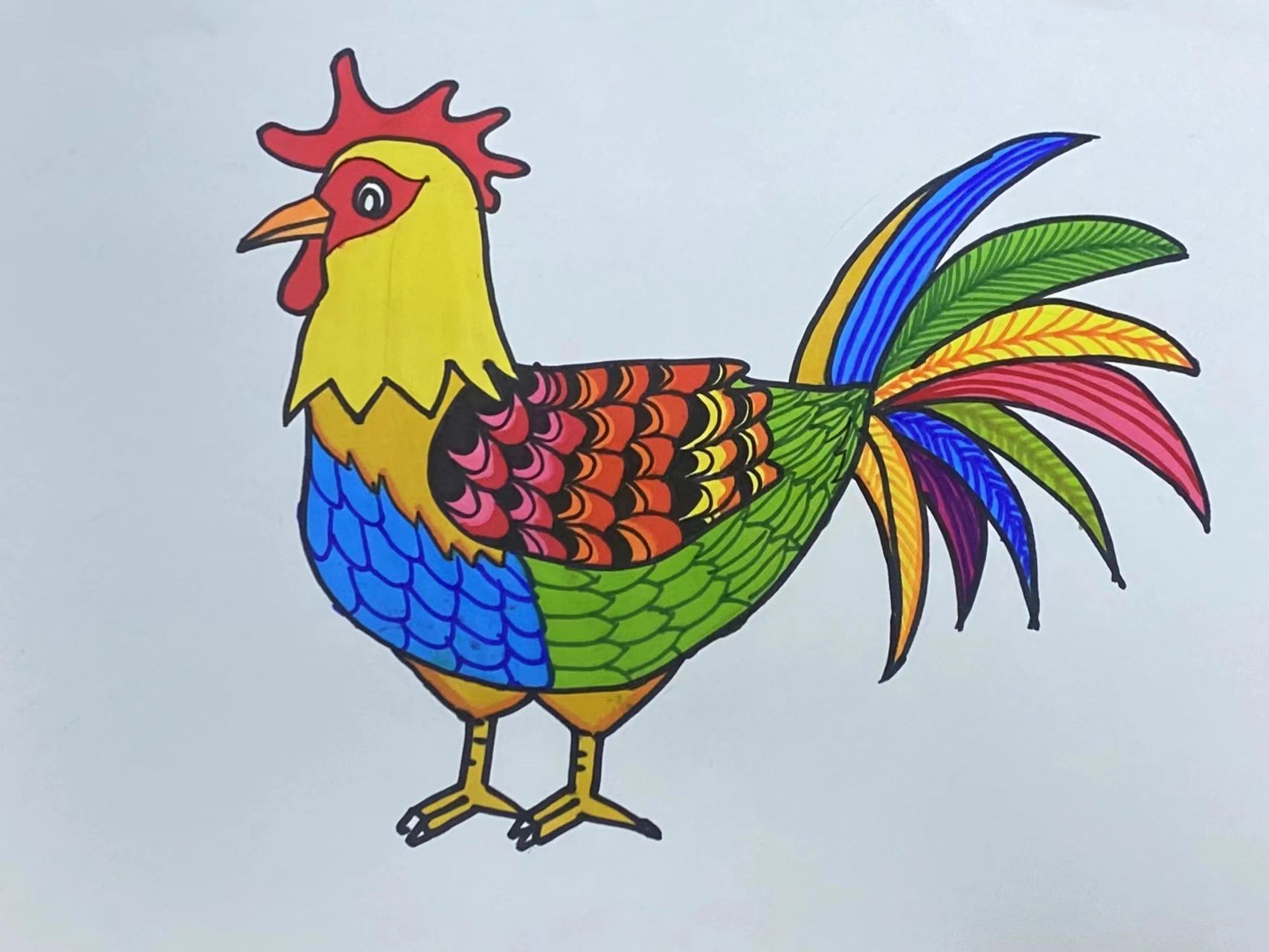 创意儿童画《大公鸡》适合5-8岁 -建议使用年龄:5-8岁 -使用材料:白色