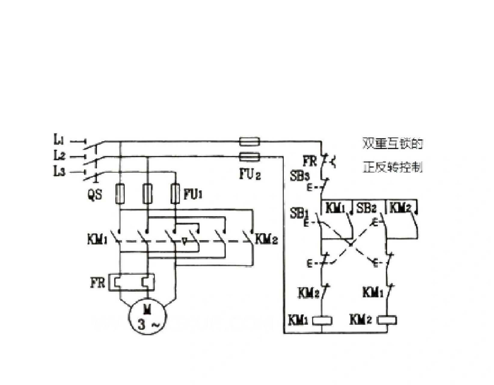 三相电动机按钮,接触器双重互锁的正反转控制线路 如下右图所示为