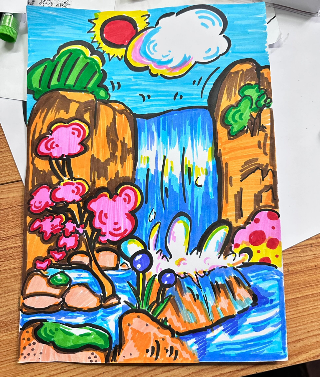 儿童绘画山水瀑布图片