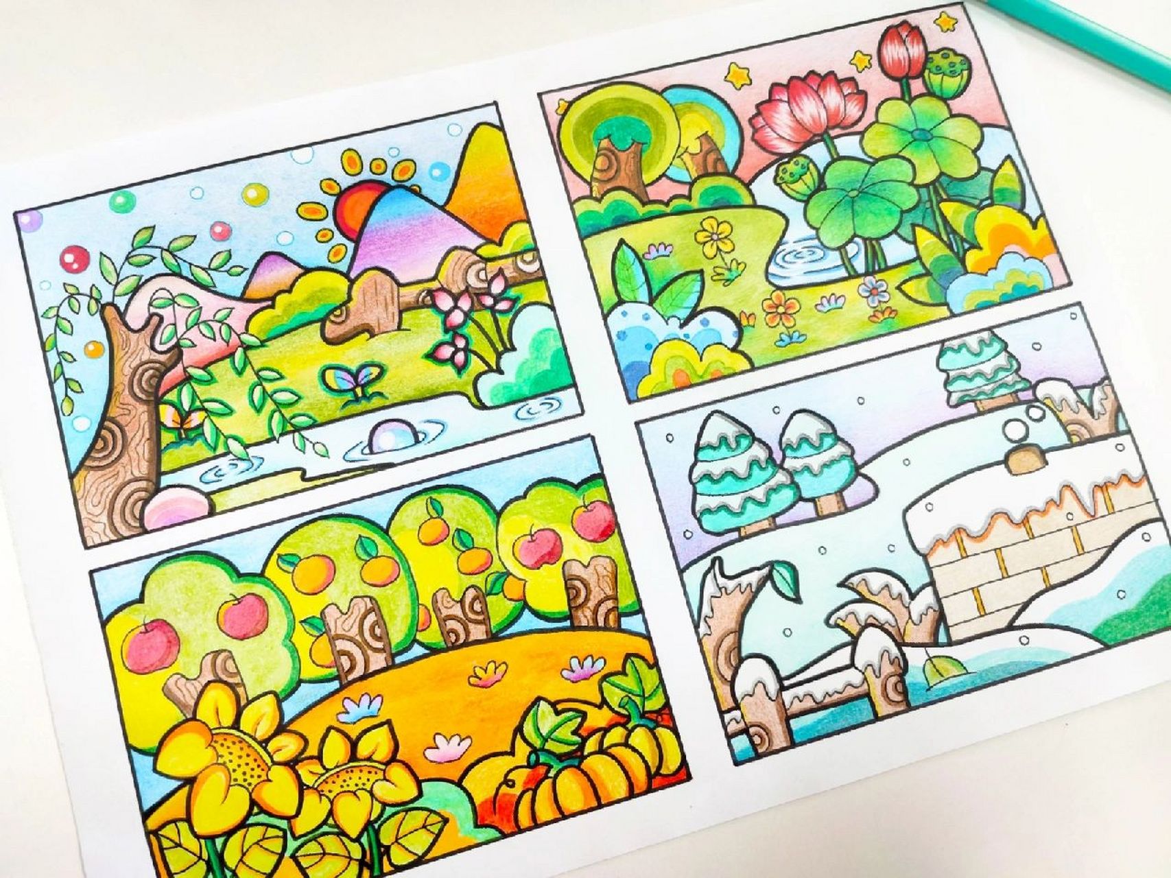 春夏秋冬‖ 儿童彩铅画 好多朋友问我要上色版的春夏秋冬,终于画完了