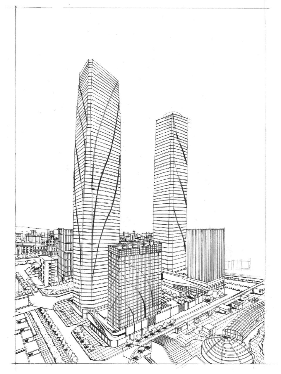 昆明双塔丨线稿 马克笔上色 昆明双塔是昆明地标性建筑物之一