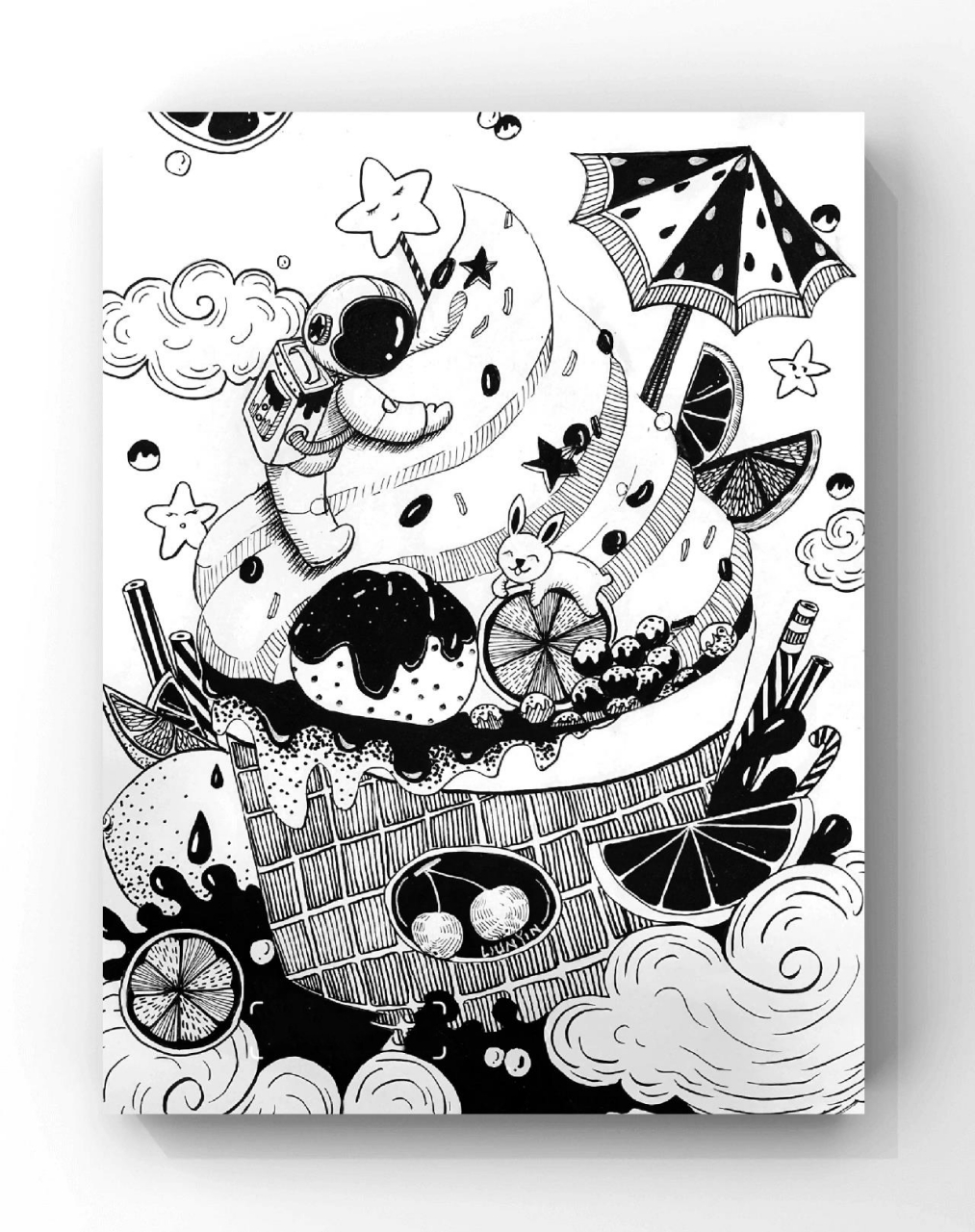 画完100张黑白装饰画166566附过程图 清凉一夏,全糖不加冰 纸:a4