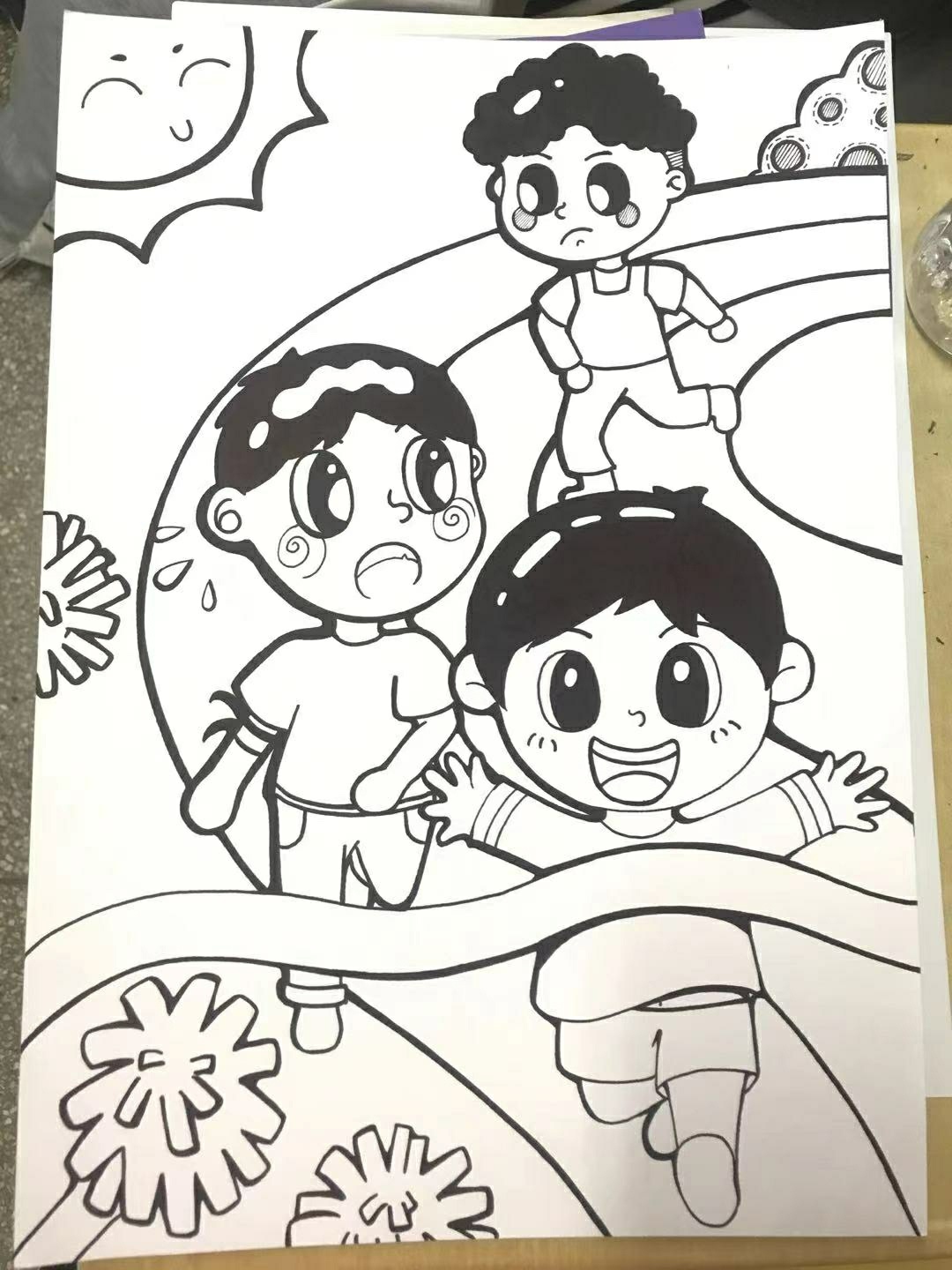 幼儿运动会情景画线描画万能素材场景人物