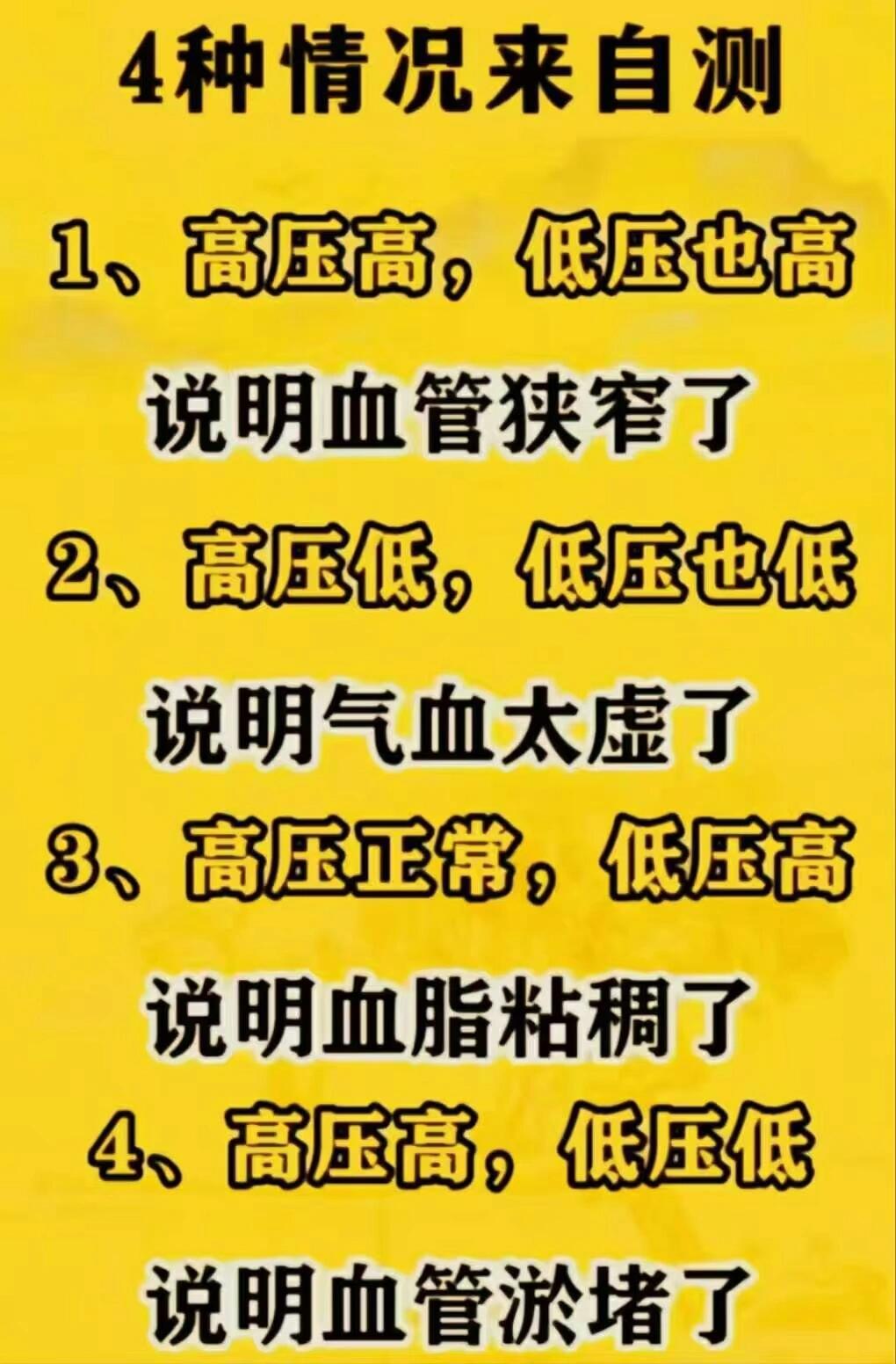 2,高压低,低压也低 说明气血太虚了 3,高压正常,低压高 说明血脂粘稠