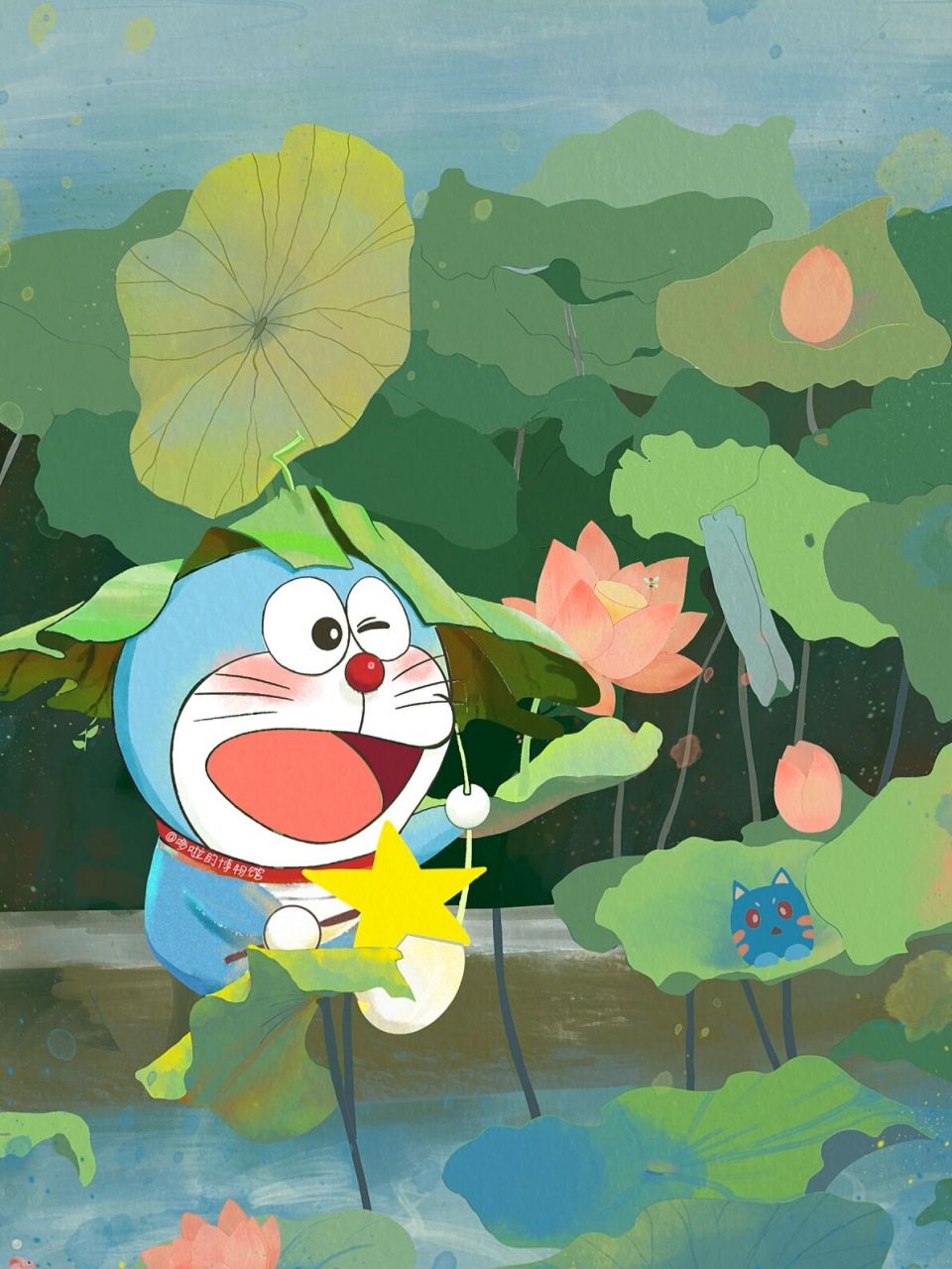 哆啦a梦壁纸,荷塘嬉戏 绘图:哆啦的博物馆7015谢诗yi #哆啦a梦