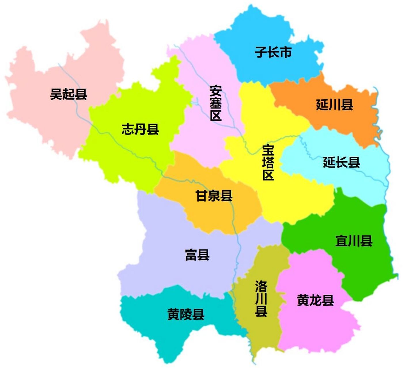 延安全市划分为 2个区:宝塔区,安塞区; 10个县:黄陵县,黄龙县,宜川