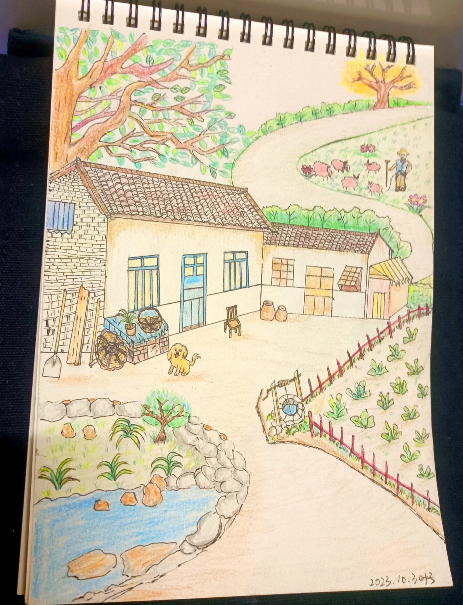 《农村风景》彩铅画