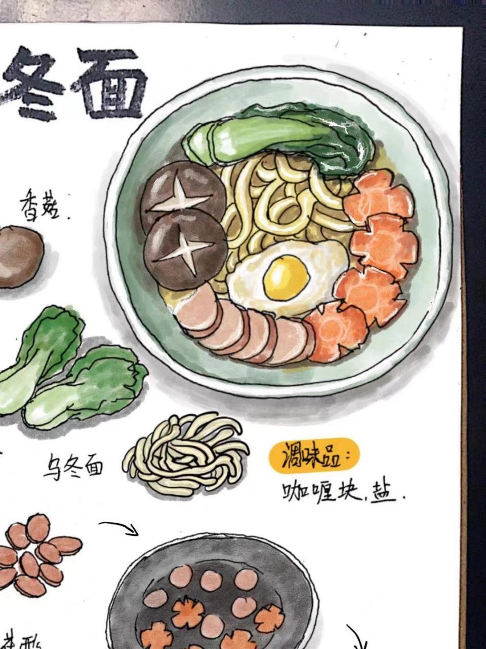 手绘食谱咖喱乌冬面 步骤其实比较简单,备好食材和咖喱 按如图烹饪