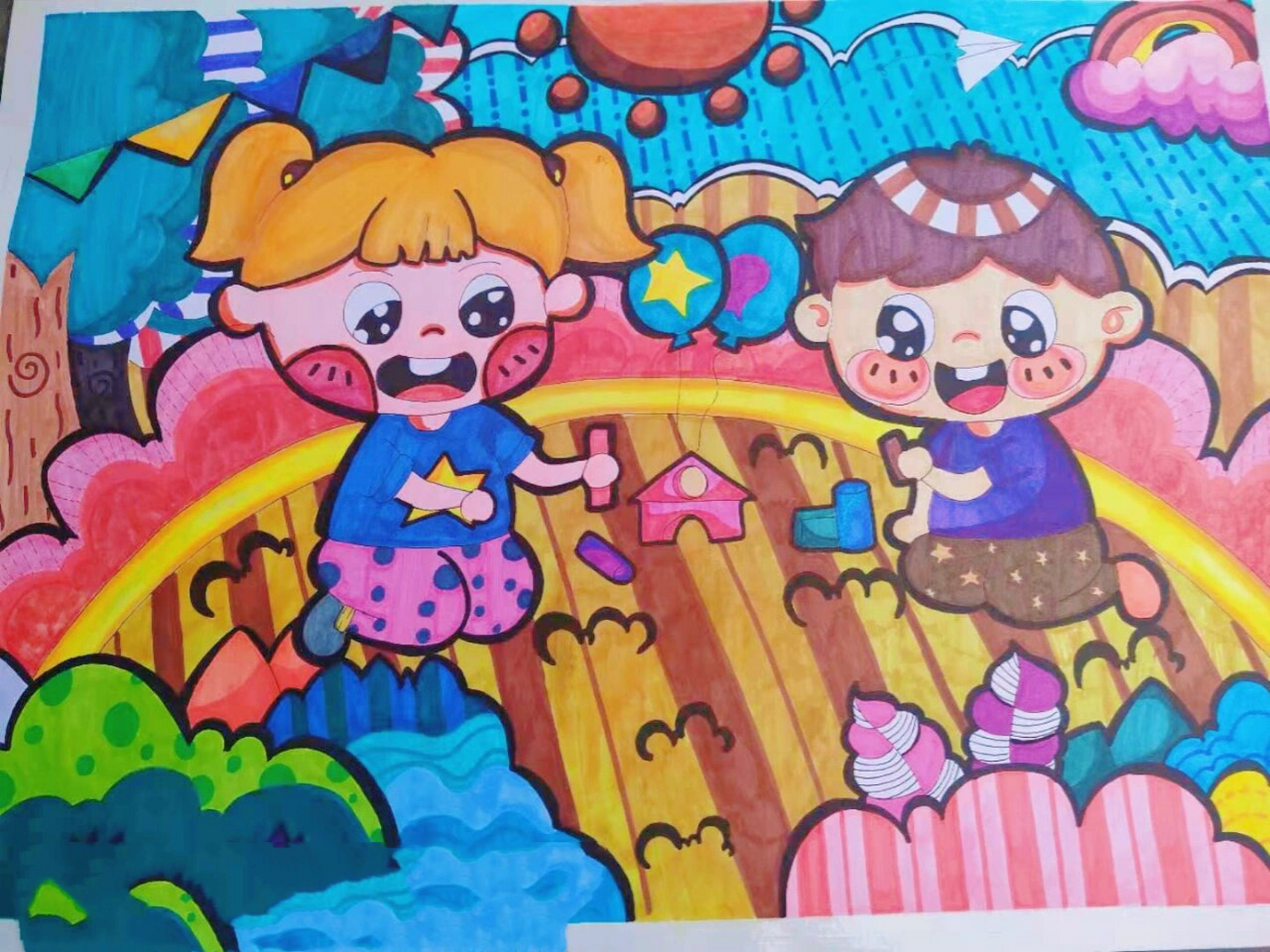 《做游戏》儿童画 7815今天天气是晴,心情是想你29959993