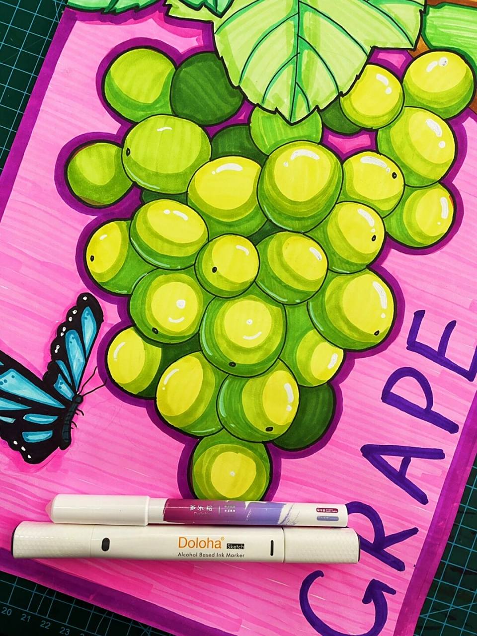 马克笔葡萄绘画 今日分享马克笔线描葡萄,绿色的提子 晴王葡萄,马克笔