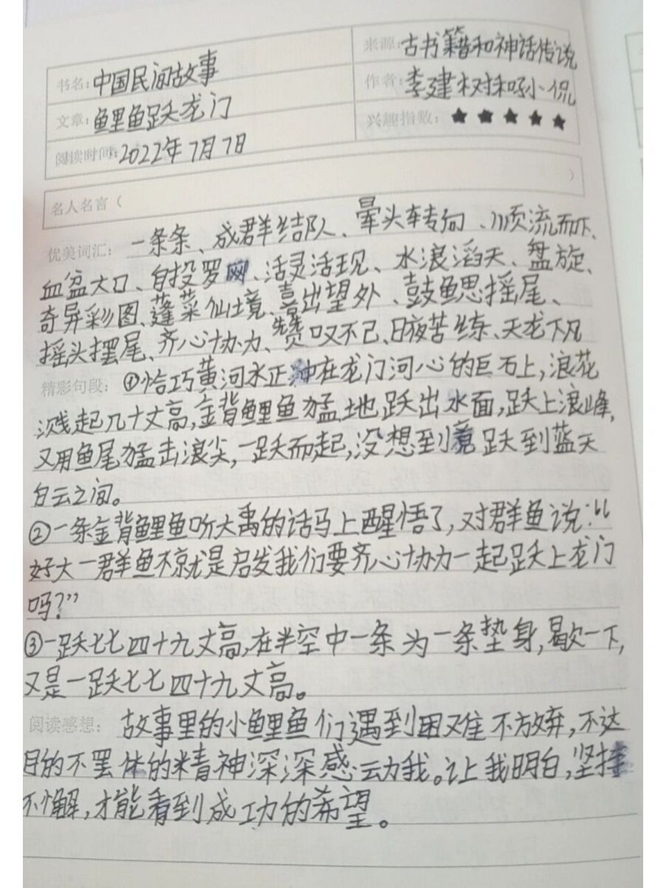 中国民间故事《鲤鱼跃龙门》读书笔记