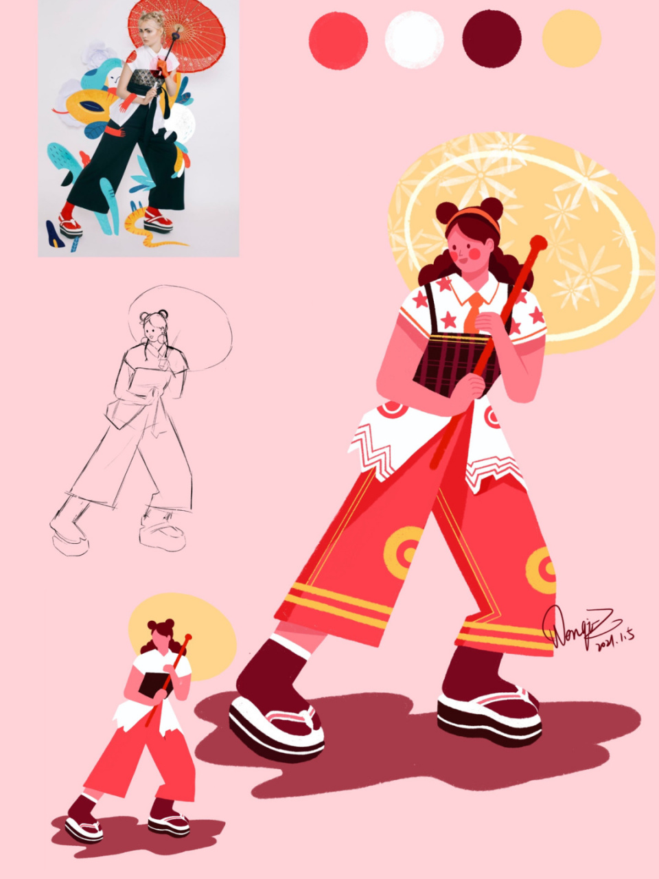 扁平风人物插画步骤 一个活泼的女生 #我是原创插画师