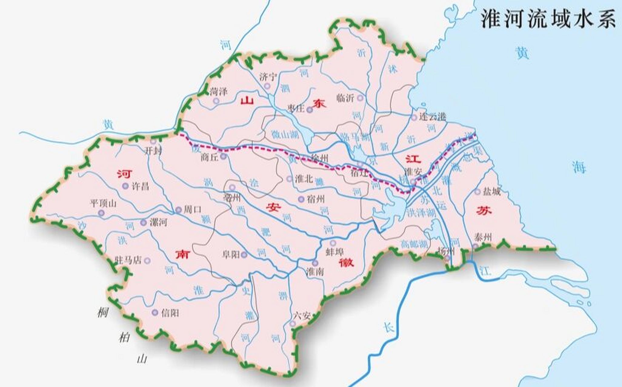 淮河水系地图,连接四个省