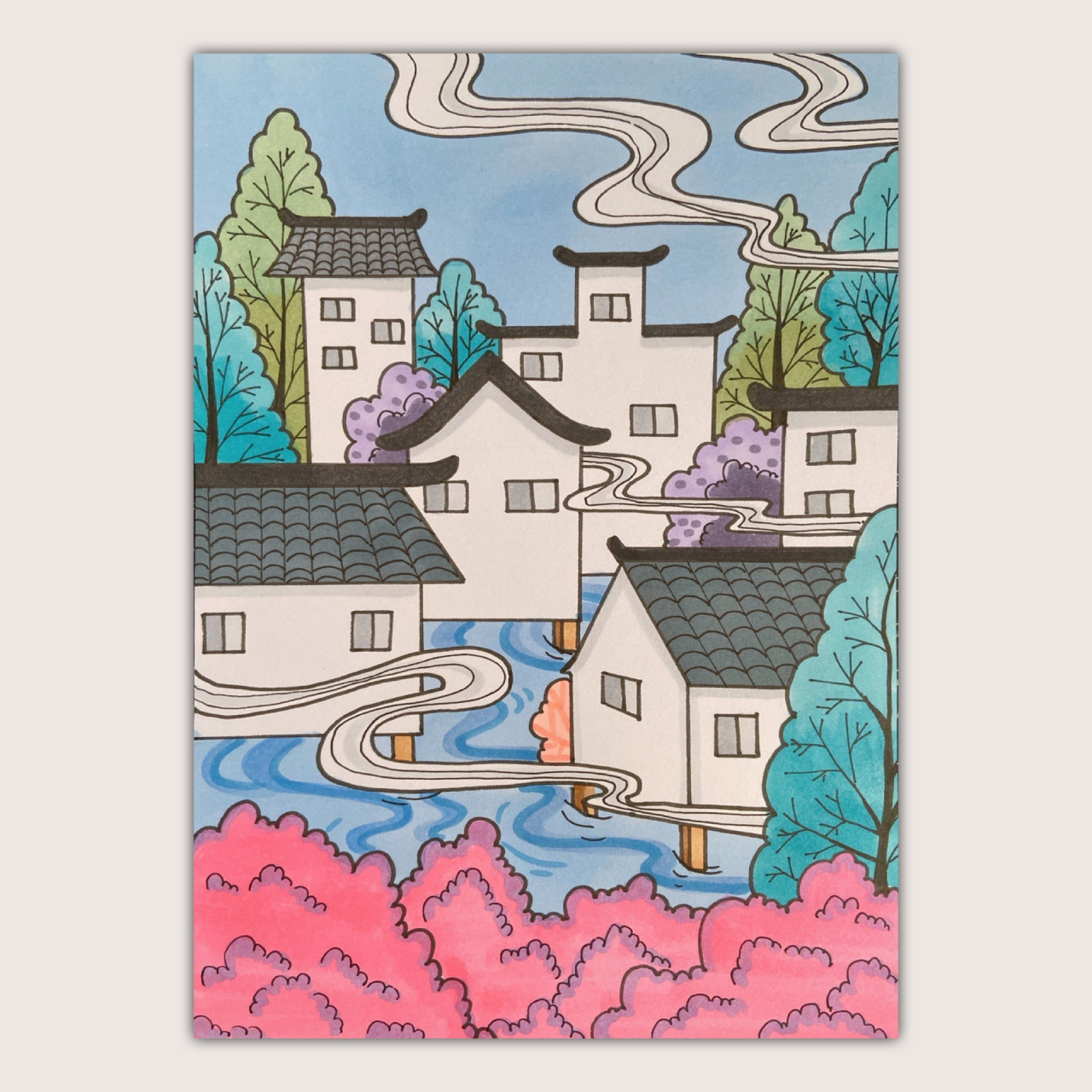 雾天小镇古城古镇徽派建筑儿童画简笔画儿创 美术宝 迷雾都市 课效