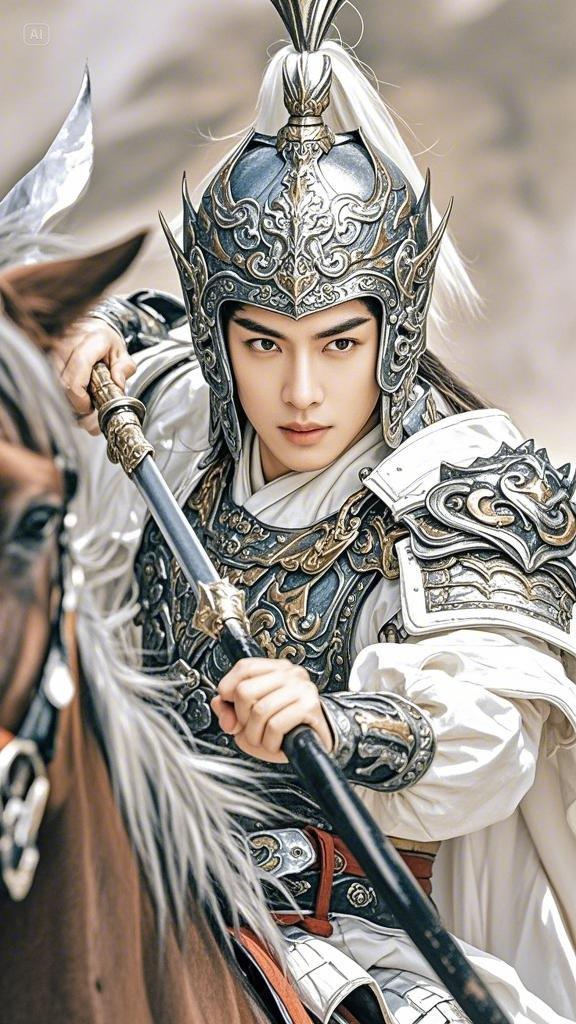 三国演义赵云,富有谋略,金属色盔甲,披白色战袍