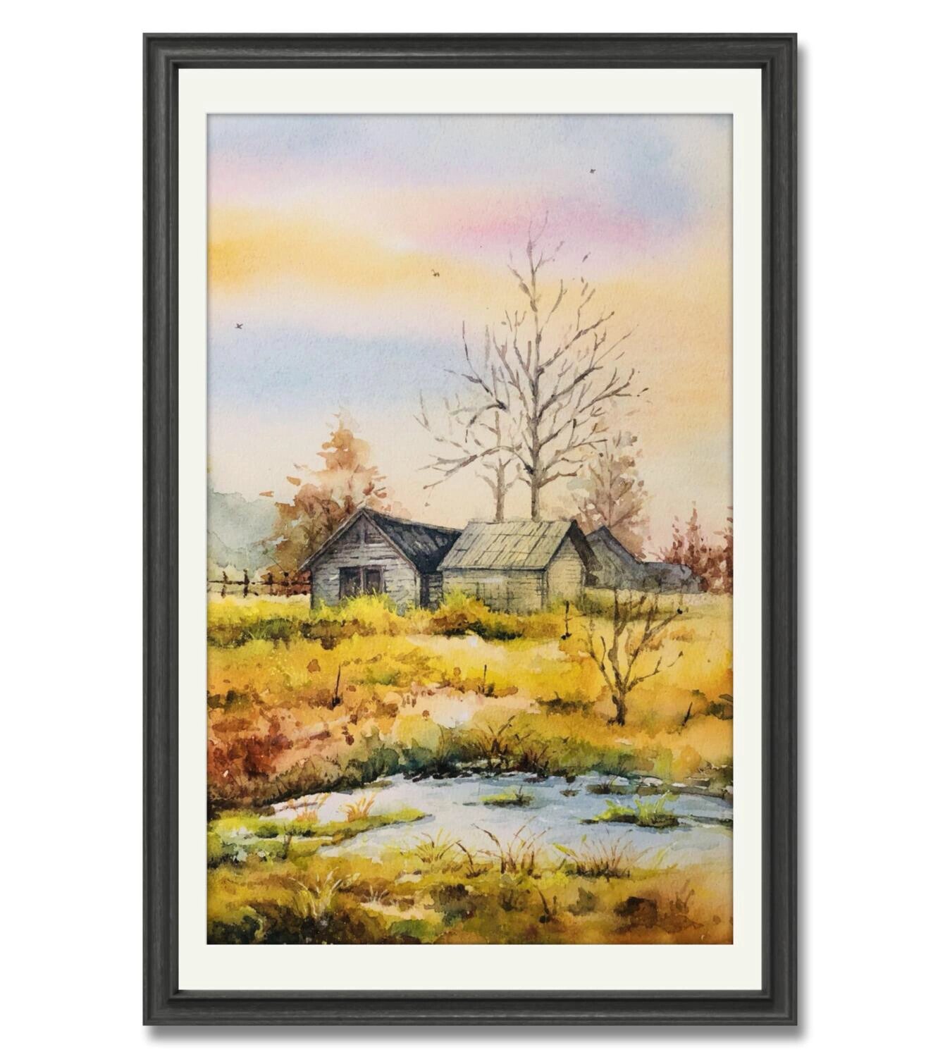 水彩风景画小房子