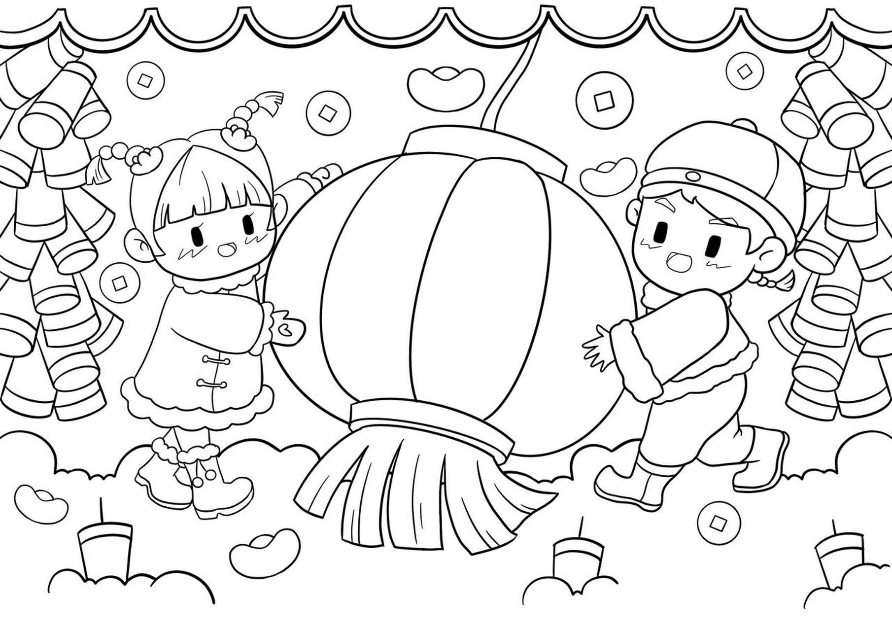 春节元旦过年新年儿童画简笔画儿创灯笼手绘 原创儿童画,新年主题