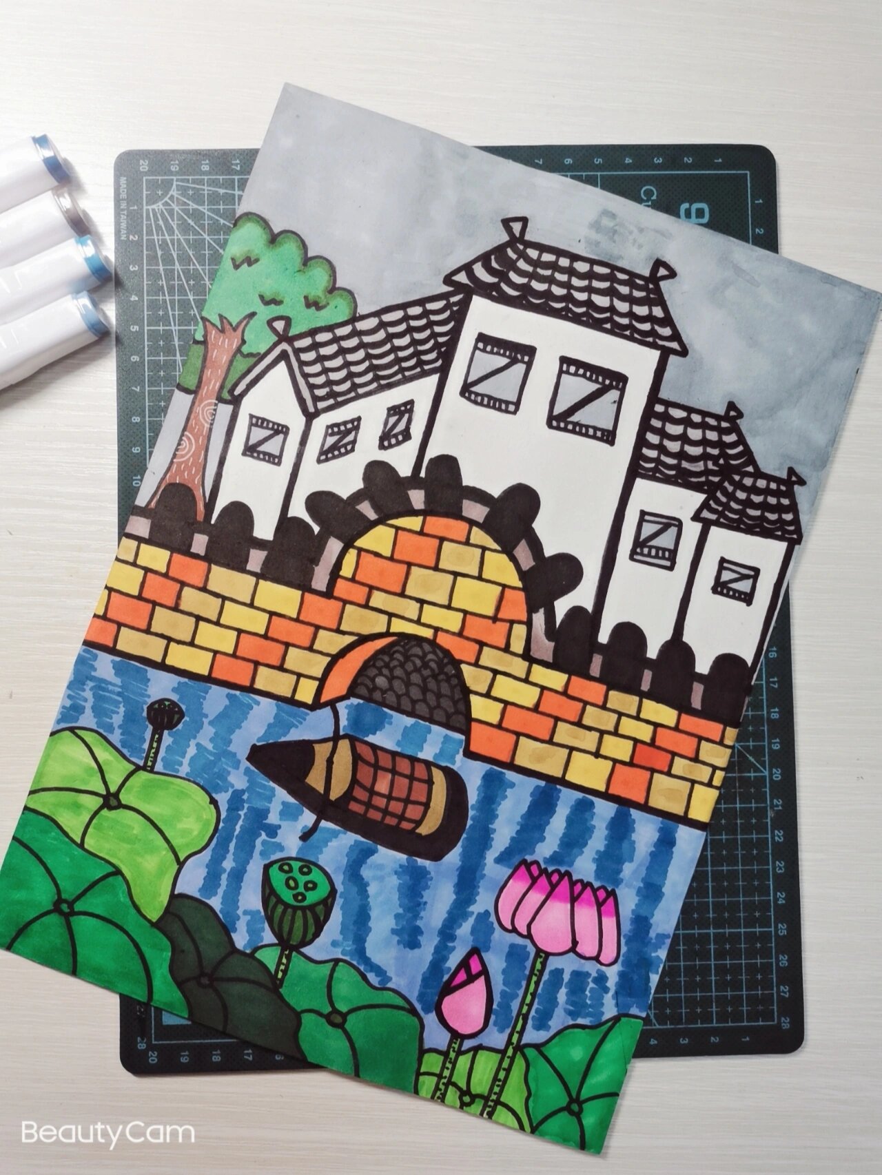 徽派建筑小桥流水儿童画