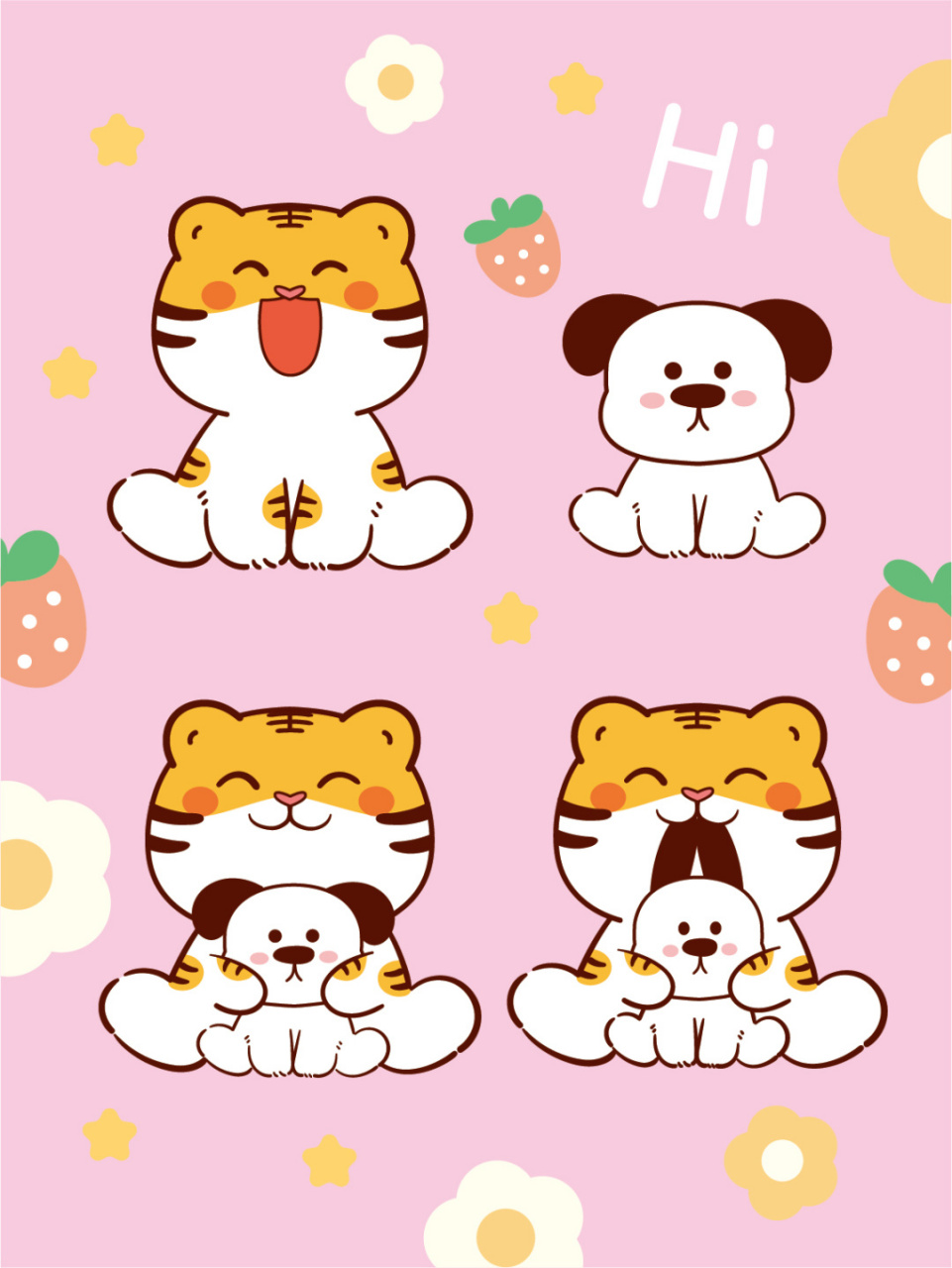 虎萌萌和小狗ip卡通形象插画表情包包装贴纸 萌萌星球ip卡通形象插画