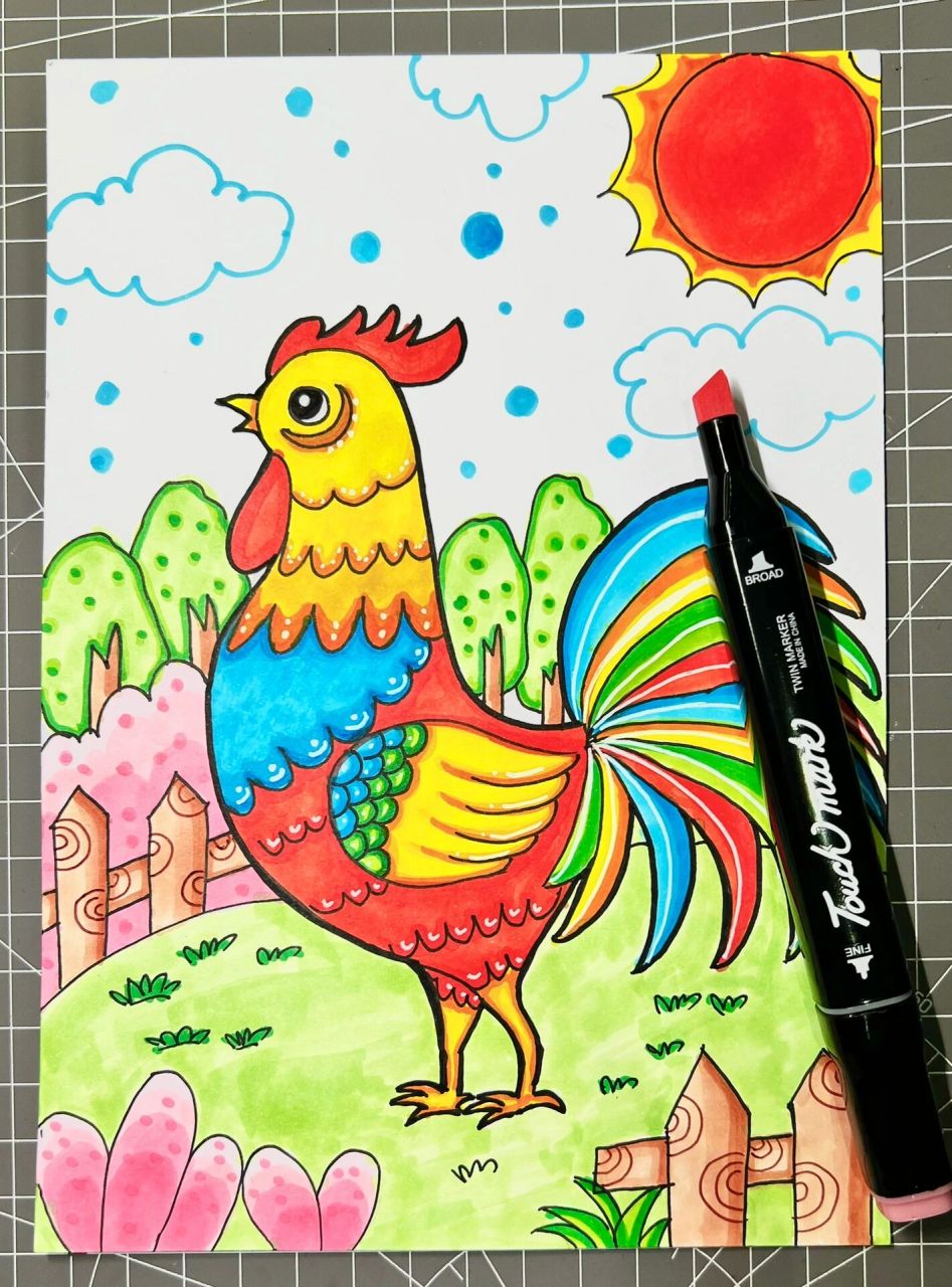 公鸡简笔画颜色涂色图片