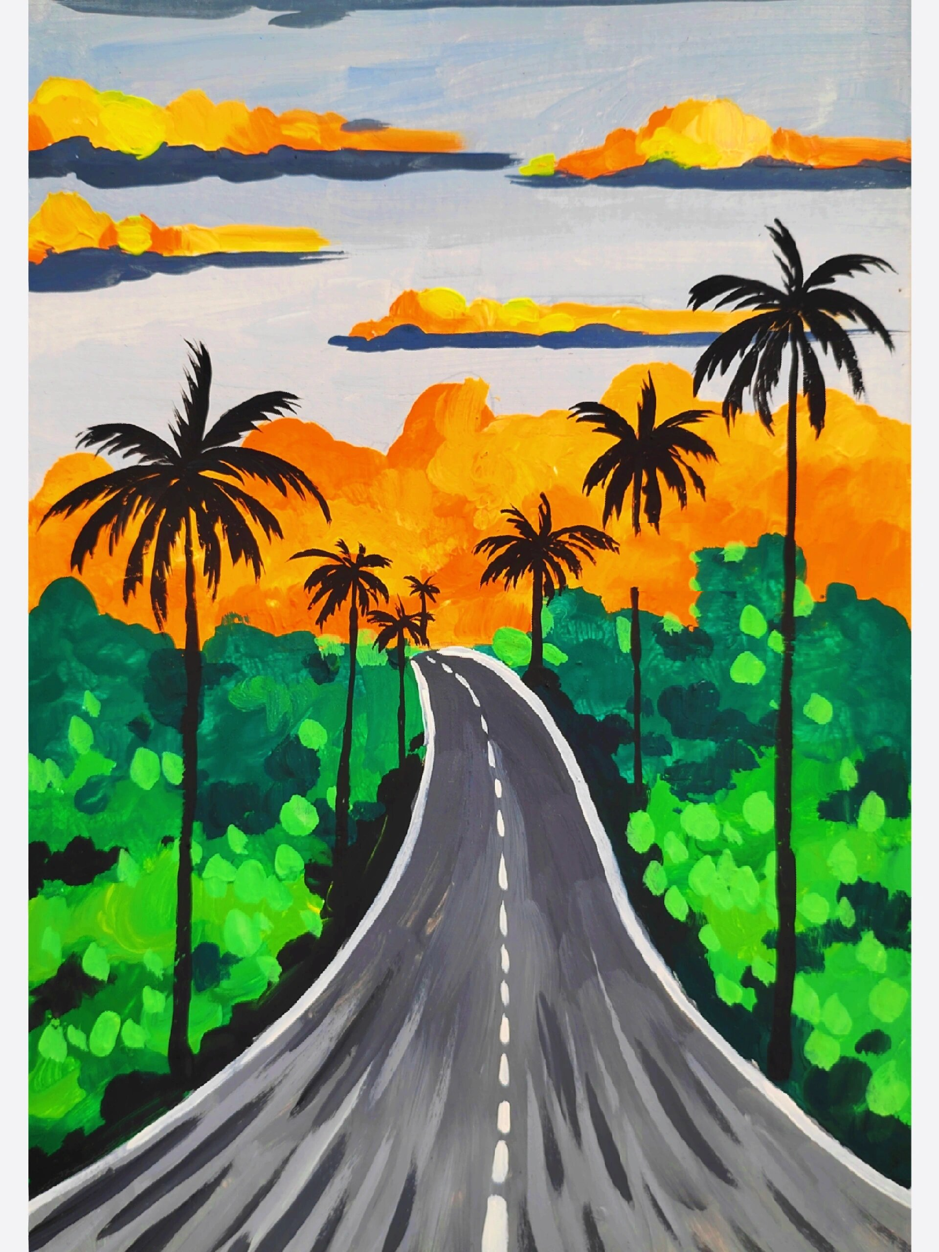 儿童水粉风景画《日落大道》