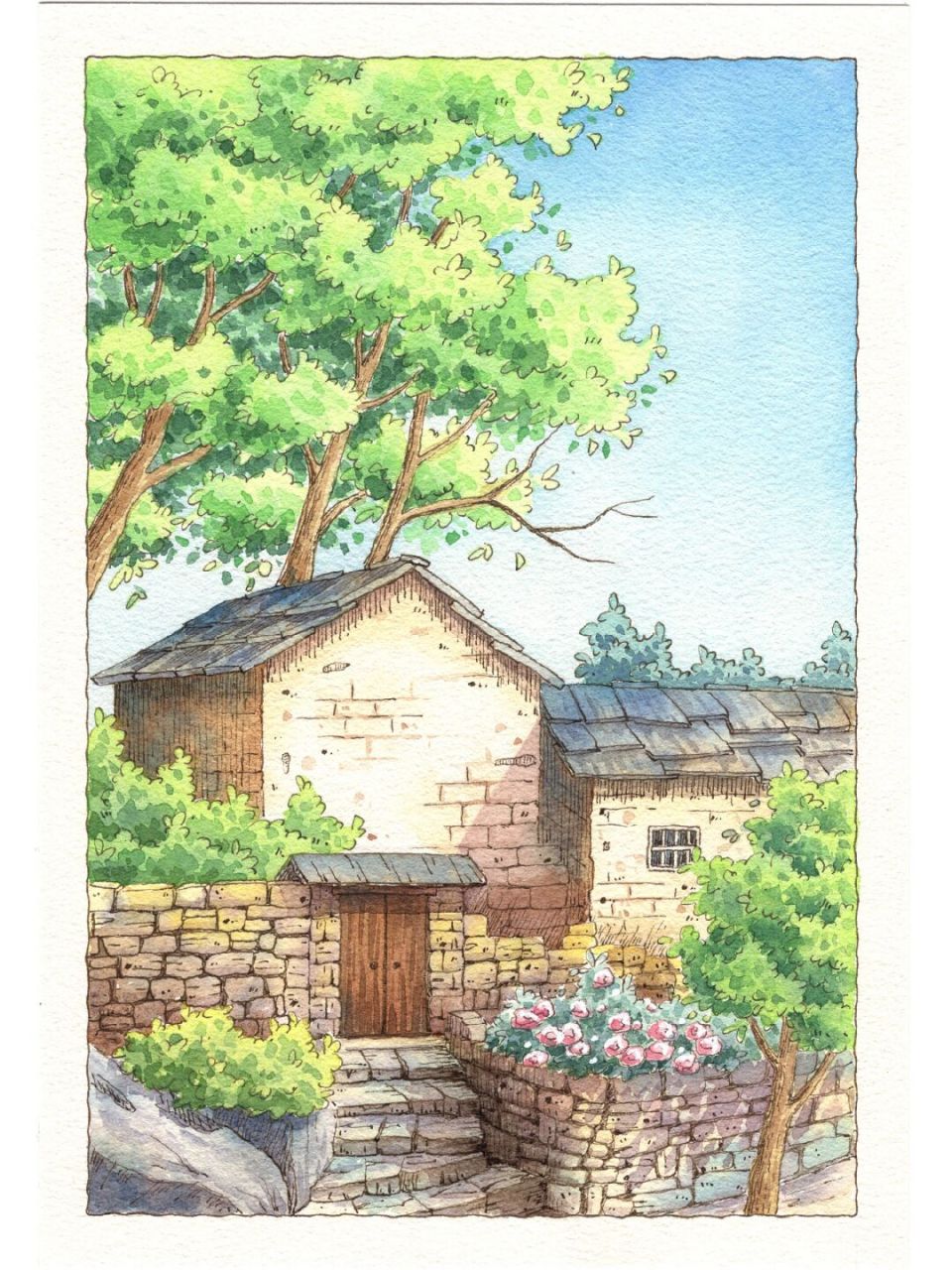 乡村小屋绘画图片