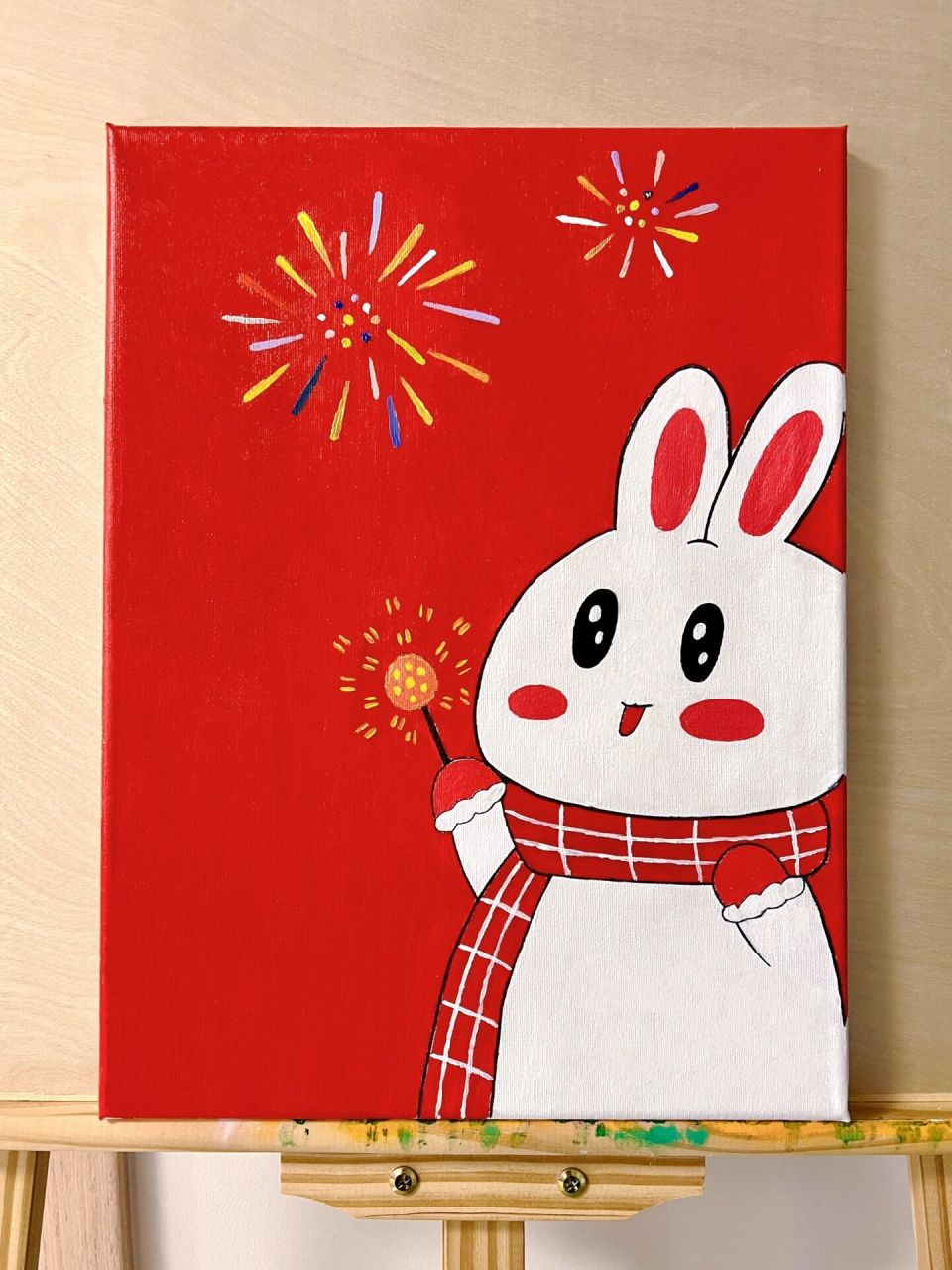 零基础丙烯画17|兔年快乐 92 2023年第一幅画,放烟花的小兔子92