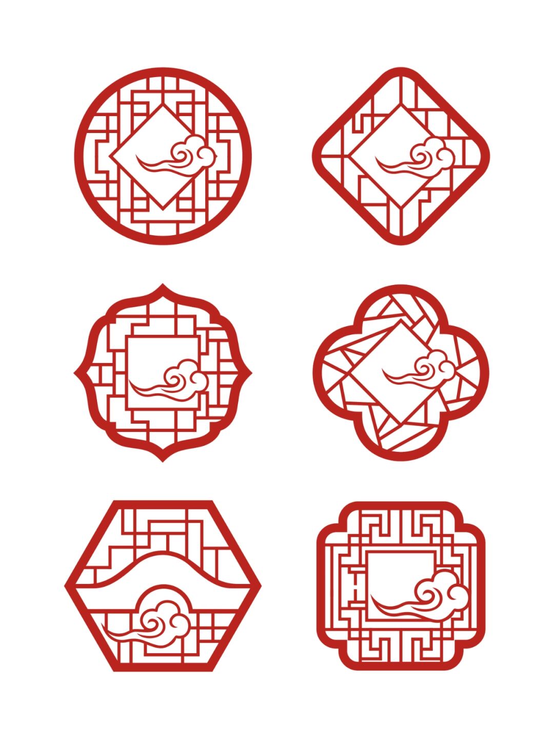 中国风古典边框 中式窗格与中式祥云相结合 中国传统文化花纹 形状各