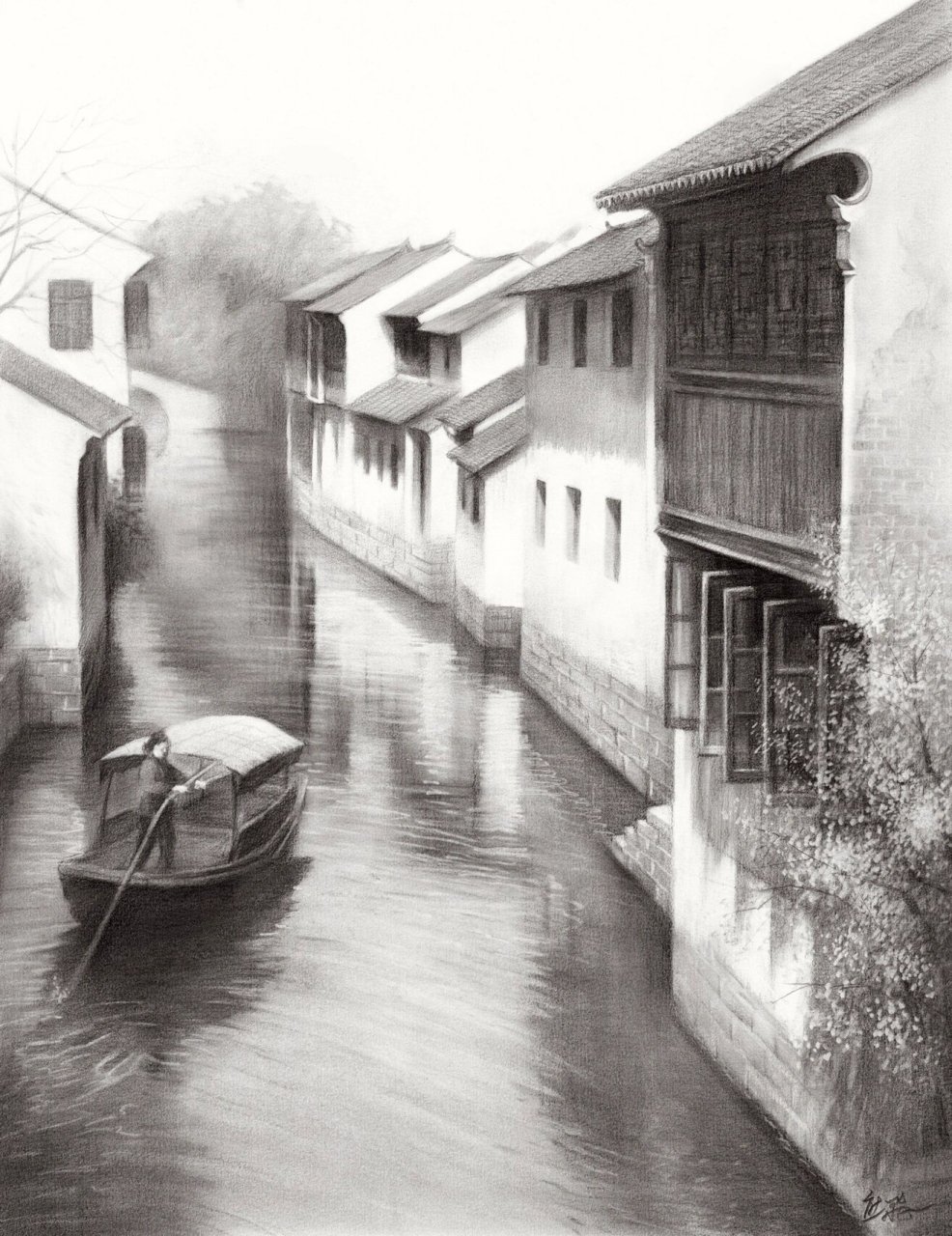 素描《江南水乡》之四,铅笔,4k
