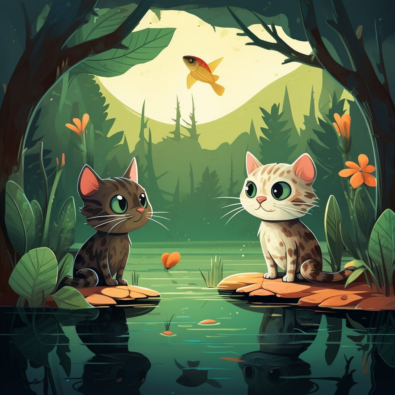 儿童绘本插画,小猫准备一起抓鱼