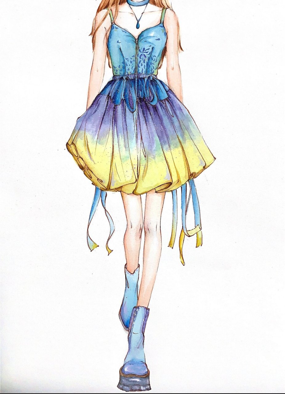 连衣裙时装画效果图 附步骤图 线稿 第一次的时候画的不堪入目,第二次