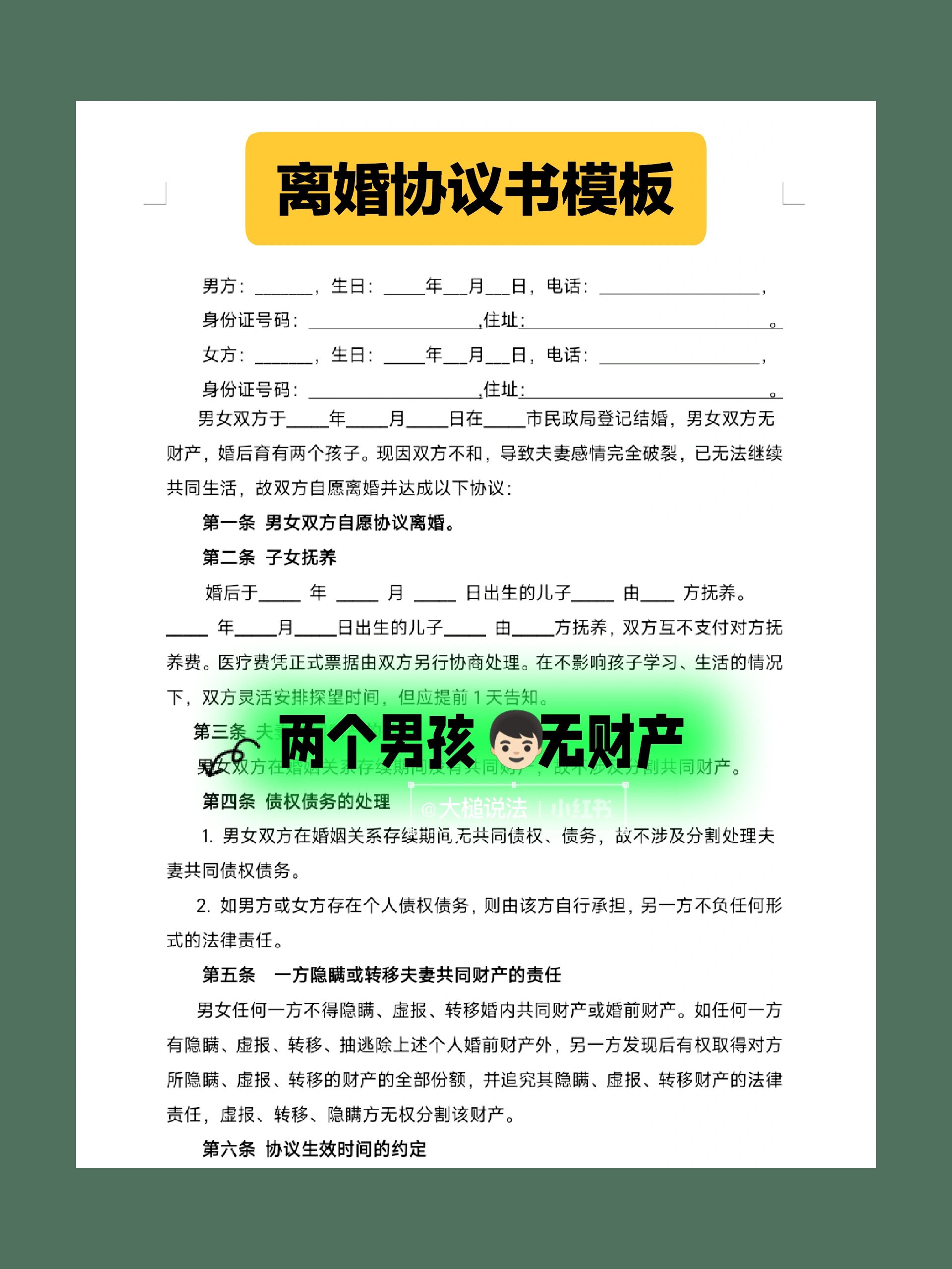 离婚协议书模板 两个男孩无财产