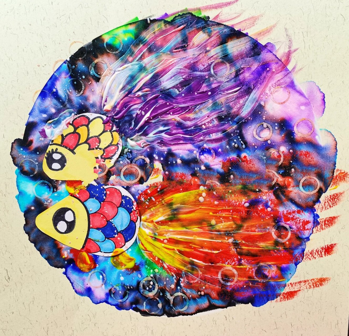 画 《两条美丽的小鲸鱼》     	 镜片纸| 蓝黑色彩墨汁| 水粉颜料