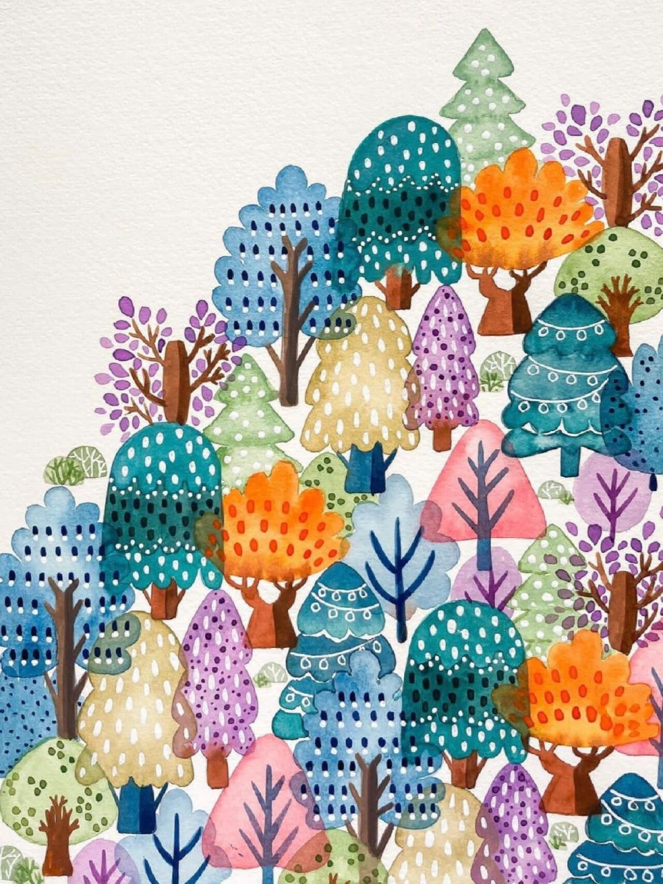 水彩|很受欢迎的一组简单治愈的小树林～ 多彩小树林~~~ | by fnk