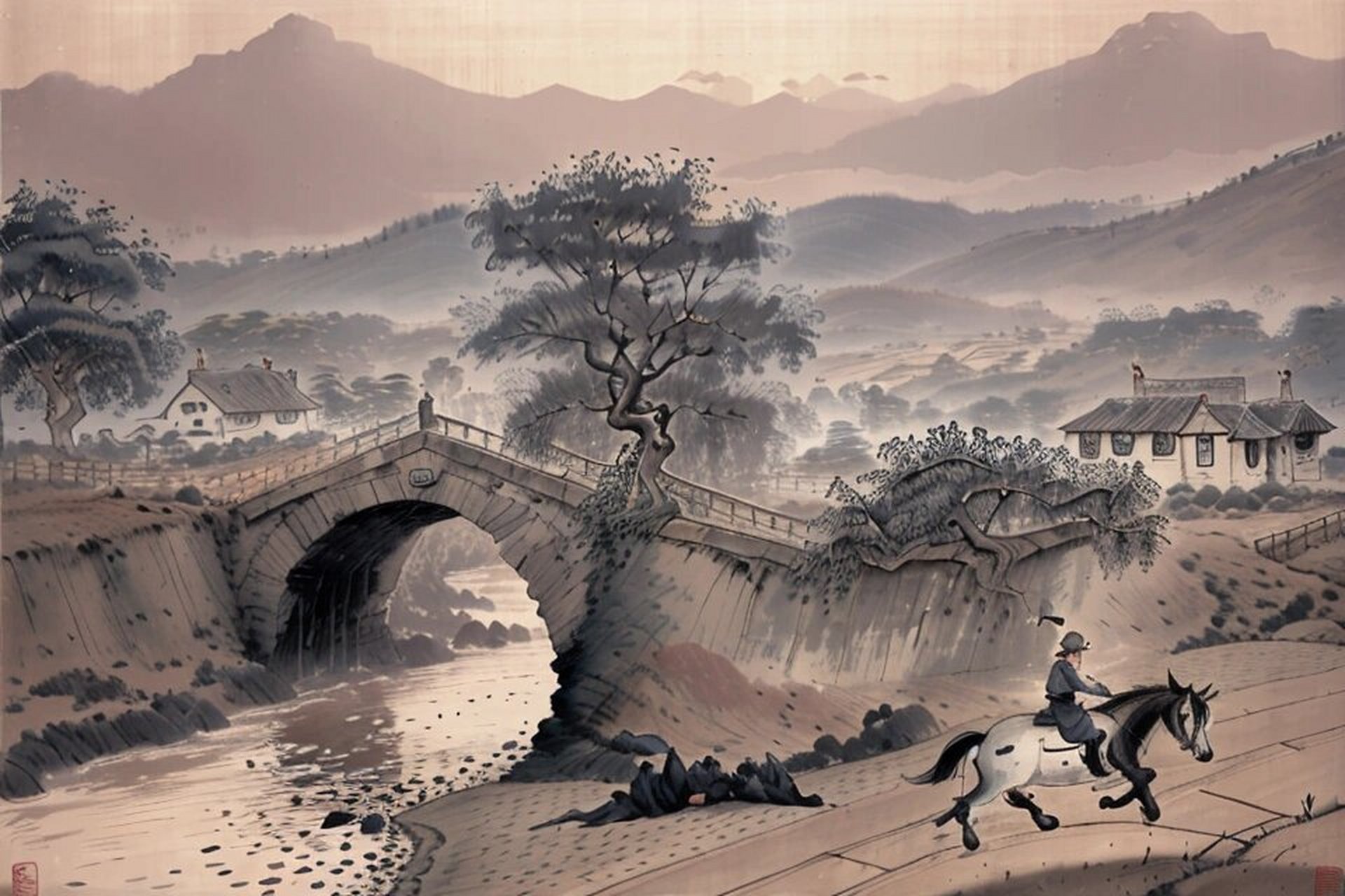 ai绘画 天净沙·秋思 枯藤老树昏鸦,小桥流水人家,古道西风瘦马.