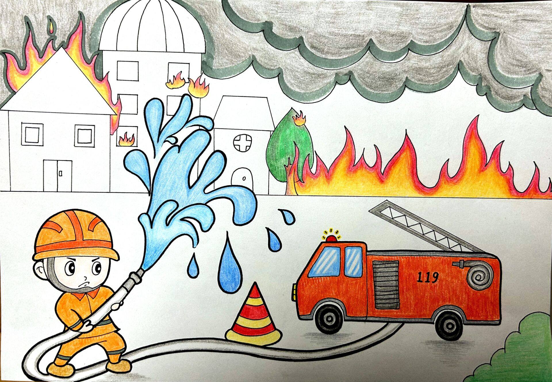我眼中的火焰蓝,消防救援,消防安全绘画