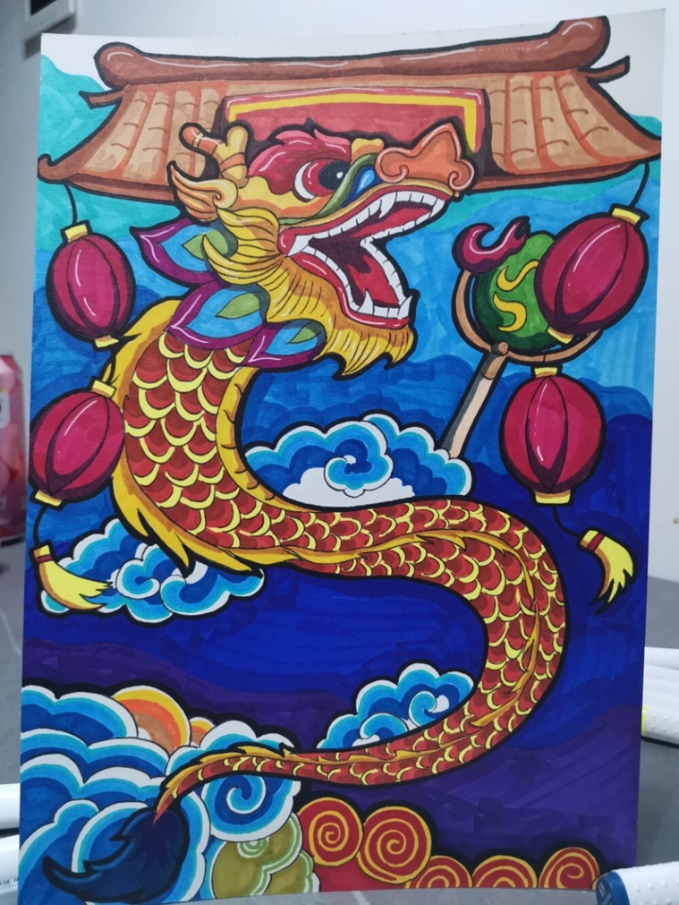 年画系列之龙腾四海马克笔原创手绘 年画系列的龙来啦!