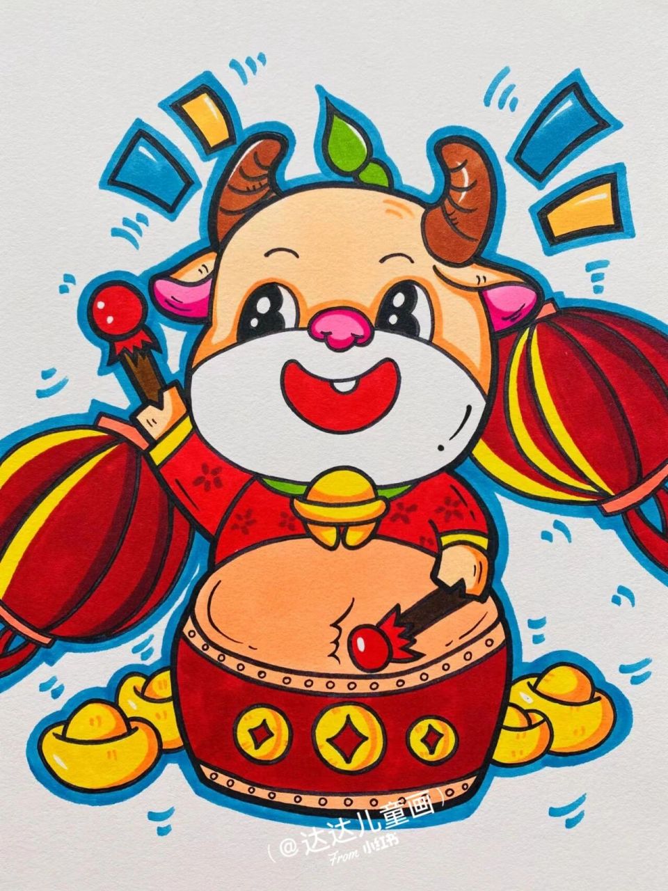 马克笔儿童画一敲锣打鼓95 临摹作品