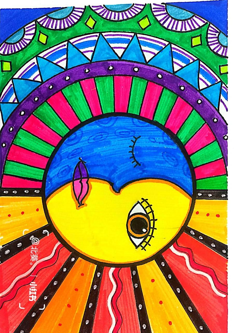 太阳与月亮神儿童画,冷暖色调对比 儿童画教程冷暖色画拥抱的太阳和