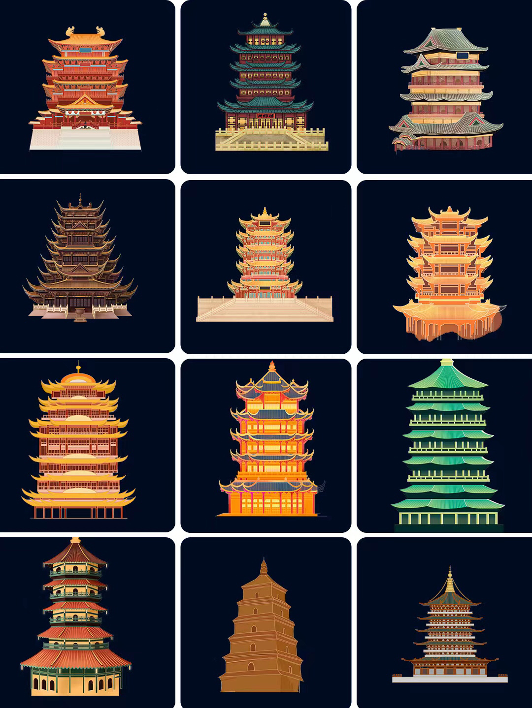 国潮高塔建筑🔥手绘高楼古塔👉png免扣素材