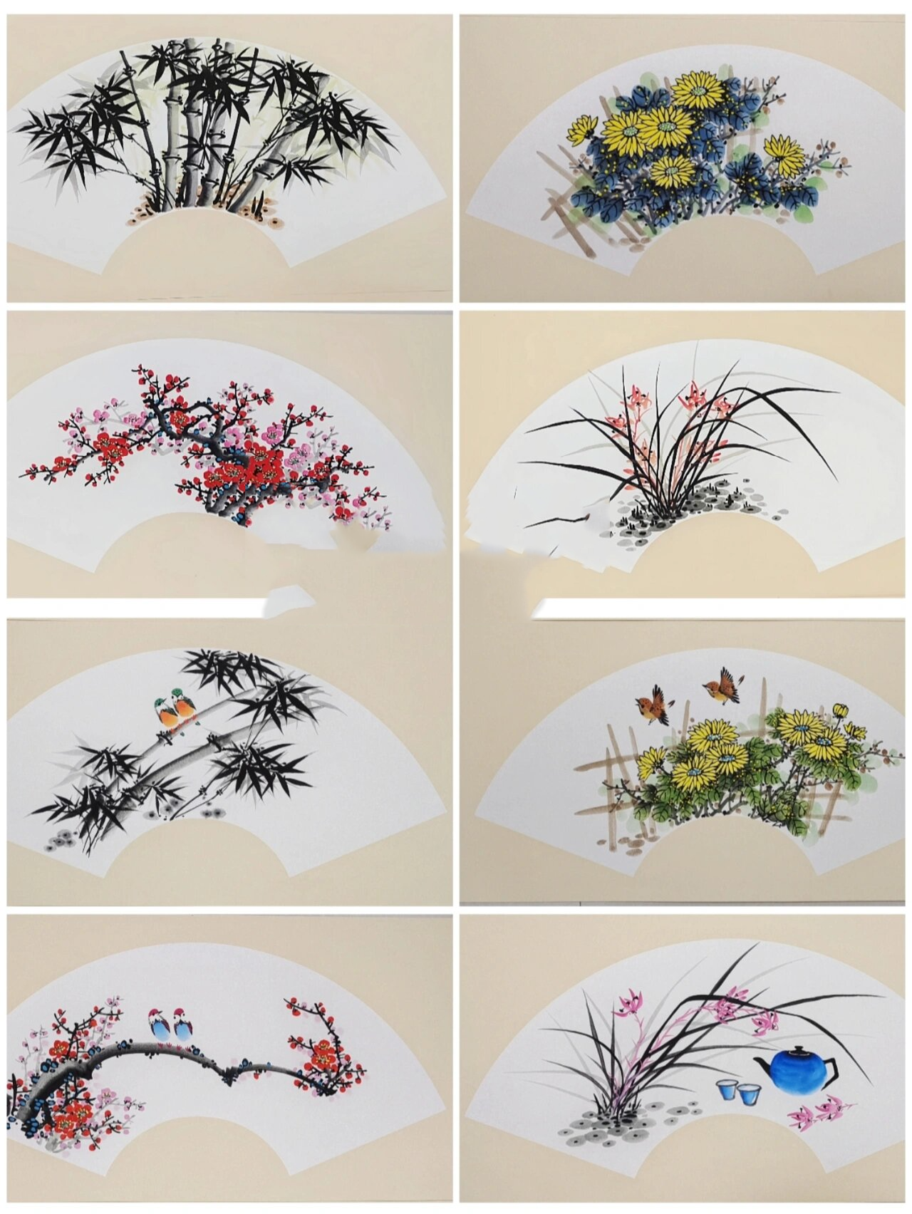 国画扇形卡纸梅兰竹菊