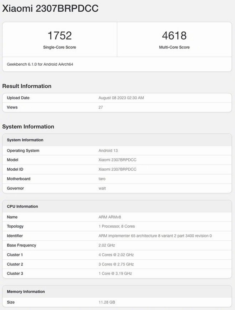 【小米平板 6 max 跑分曝光,8 月 14 日发布】  型号为 2307brpdcc 的