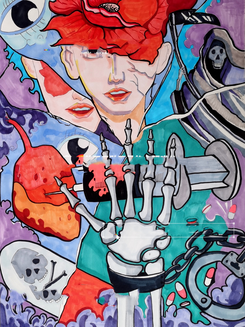 禁毒(马克笔儿童画) 尺寸:四开;纸张:180g素描纸; 工具:法卡勒三代软