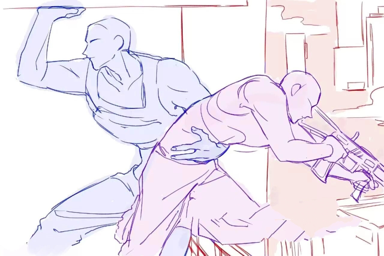 线稿素材/双人并肩作战互动绘画素材