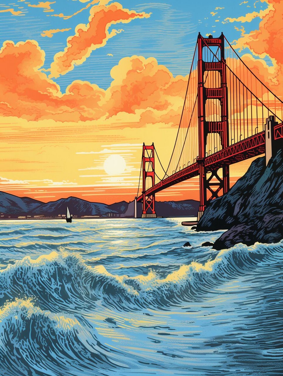 midjourney绘图 | 插图 金门大桥 关键词 lino cut of the golden