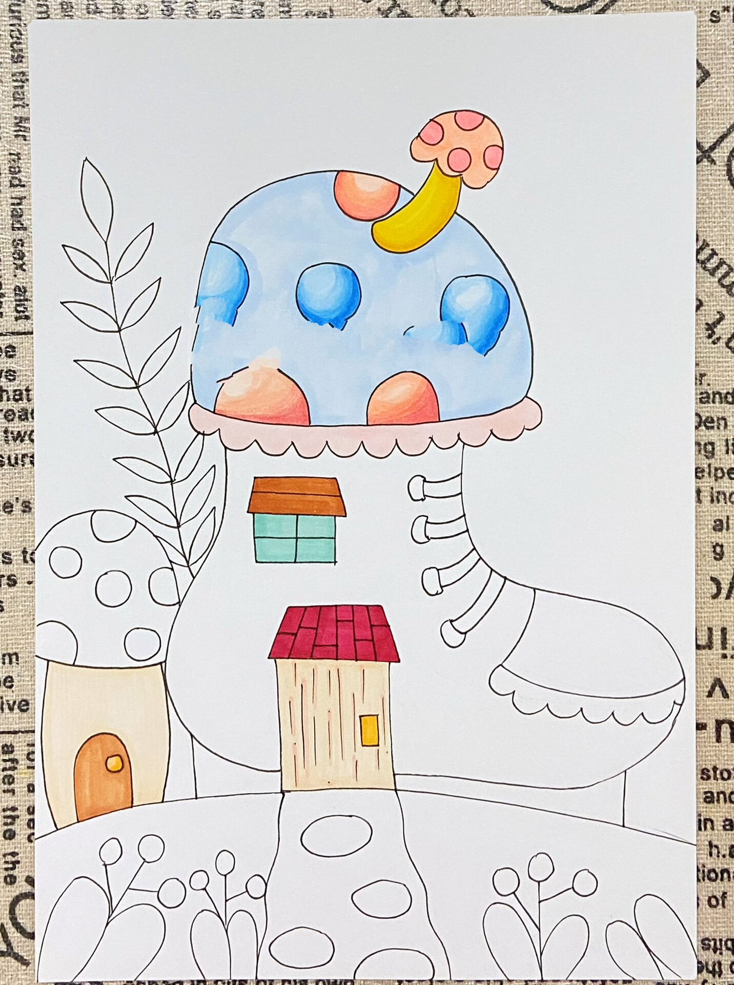 马克笔创意儿童画《蘑菇鞋子创意房子》