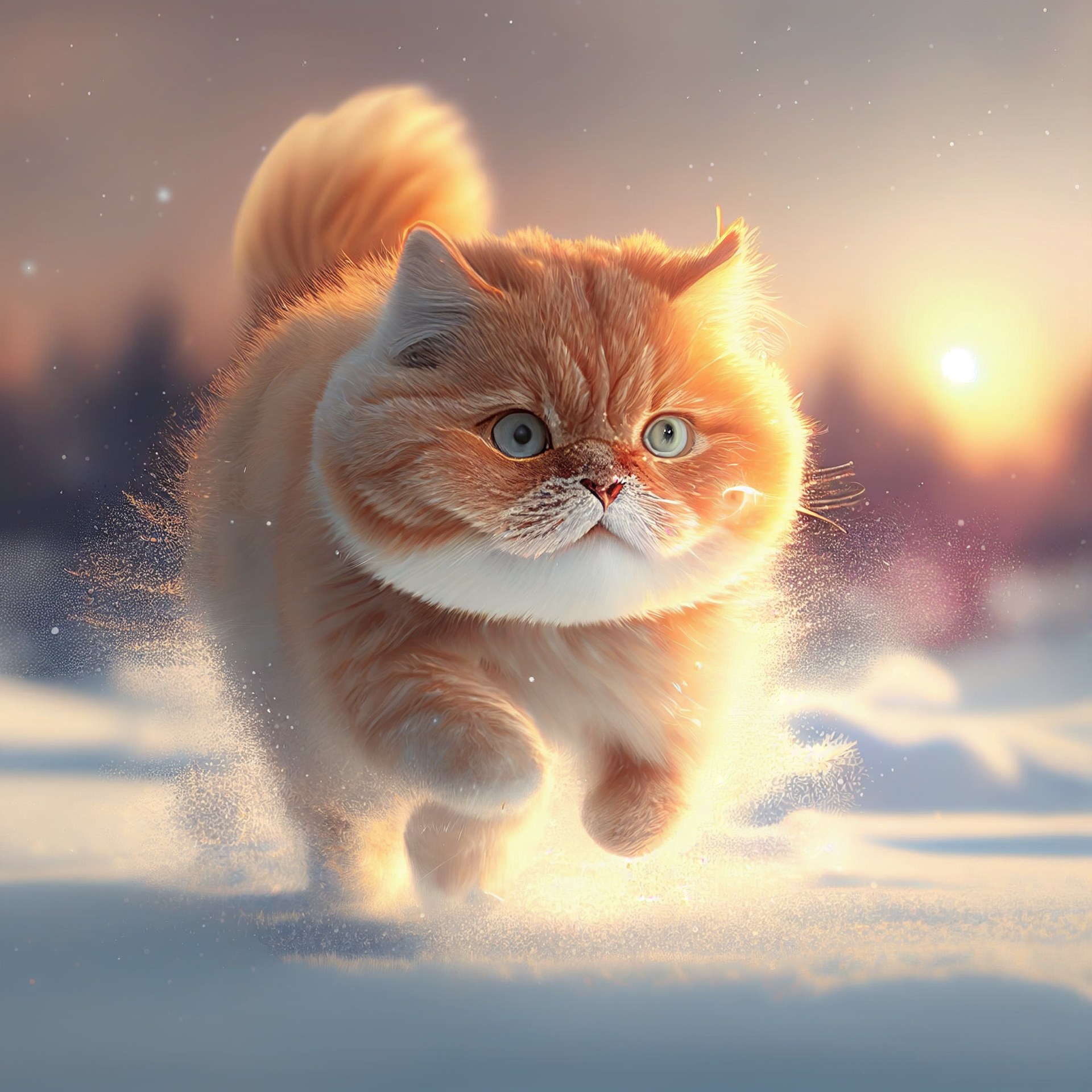 雪中狂奔的大橘猫,可爱猫咪头像