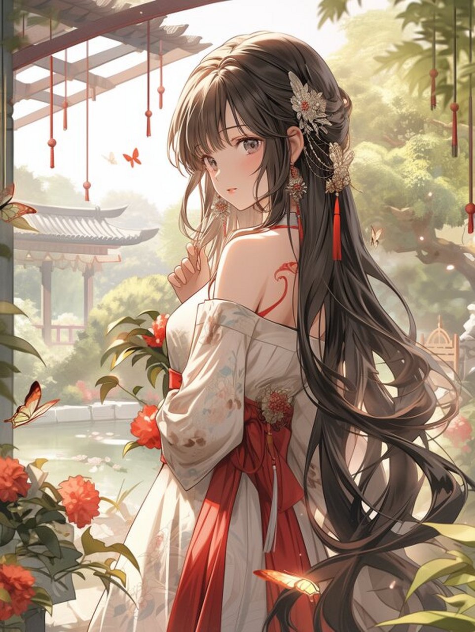 回眸一笑百媚生-古风美女系列 一位穿着汉服的女子,站在古风庭院中