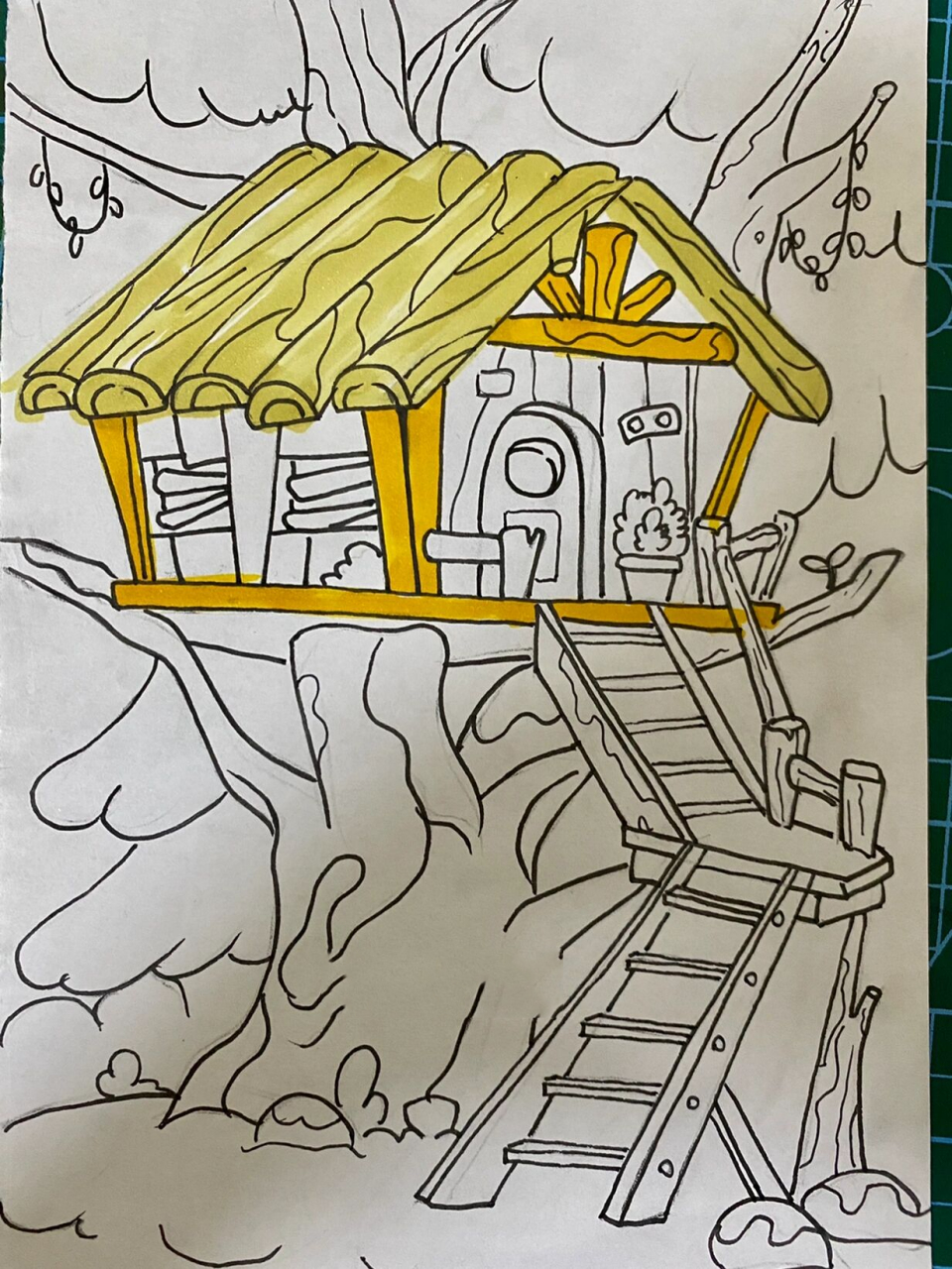 马克笔儿童画房子创意画场景插画 马克笔绘画 森林中的小树屋 马克笔