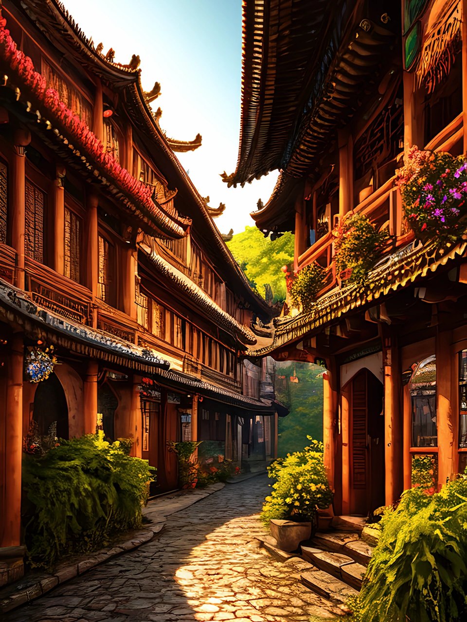 古风插画16山水阁楼夕阳傍晚下的灯光